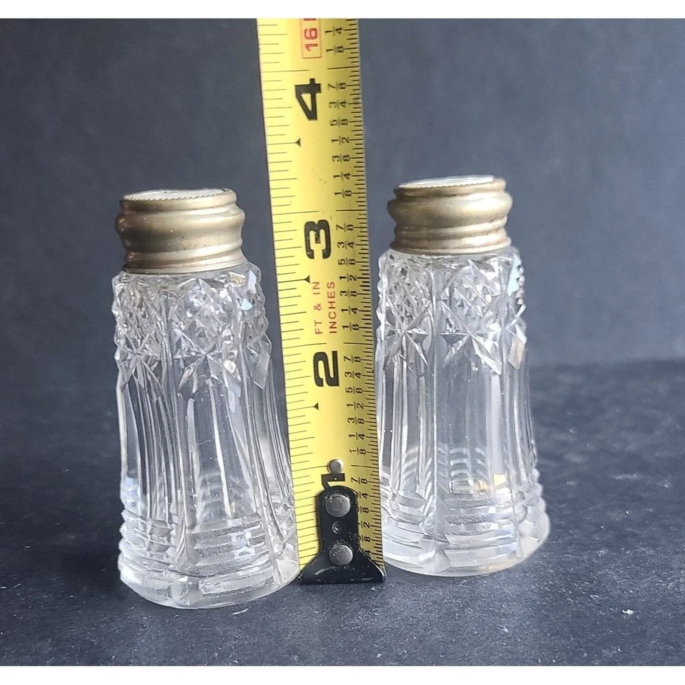 Vintage Crystal Salt-n-Pepper Shakers Metal Lids Mother of Pearl Lids Sterling‎